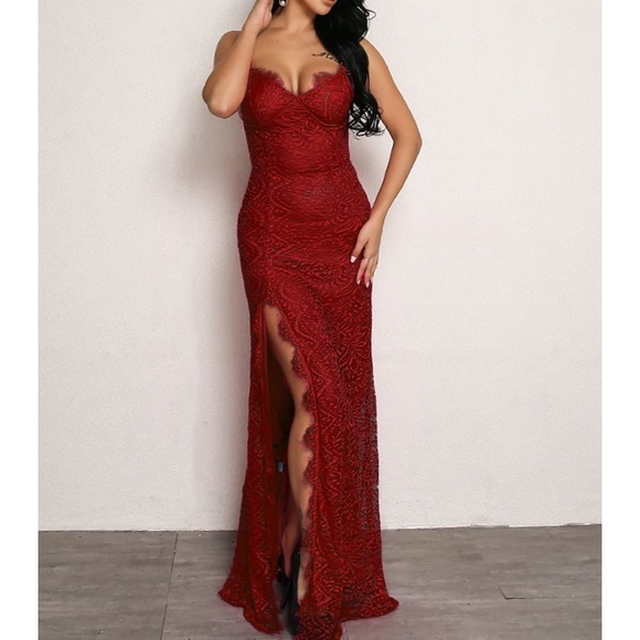 MBM Unlimited Dresses & Skirts - Red Lace Side Slit Sexy Cami Maxi Evening Dress